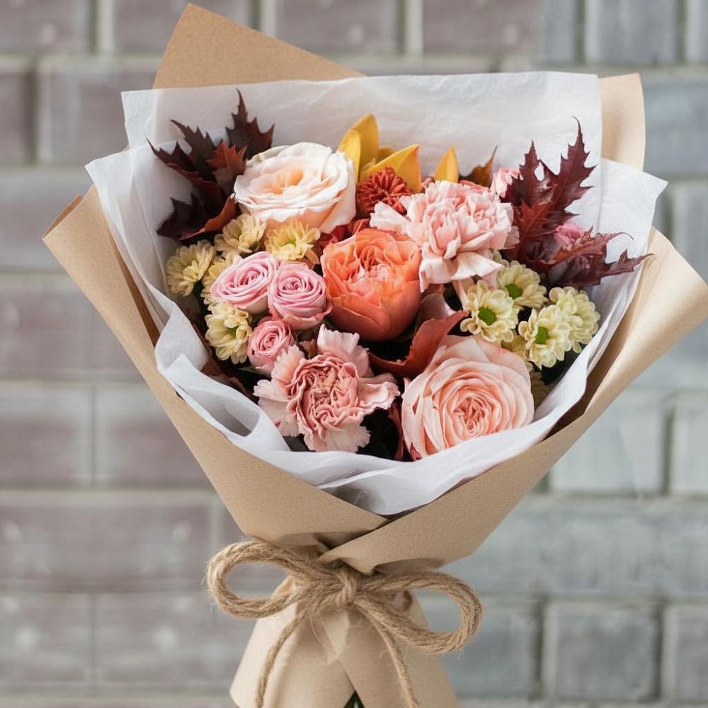 Букет осеннее настроение в Соль-Илецке Букет цветов из: Гвоздики, Хризантемы и Розы в Соль-Илецке