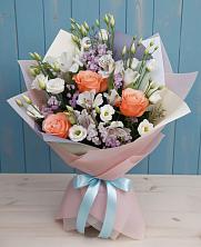Букет Утренняя свежесть в Соль-Илецке Букет цветов из:  Лизиантусы, Розы, Альстромерии и Гипсофила в Соль-Илецке