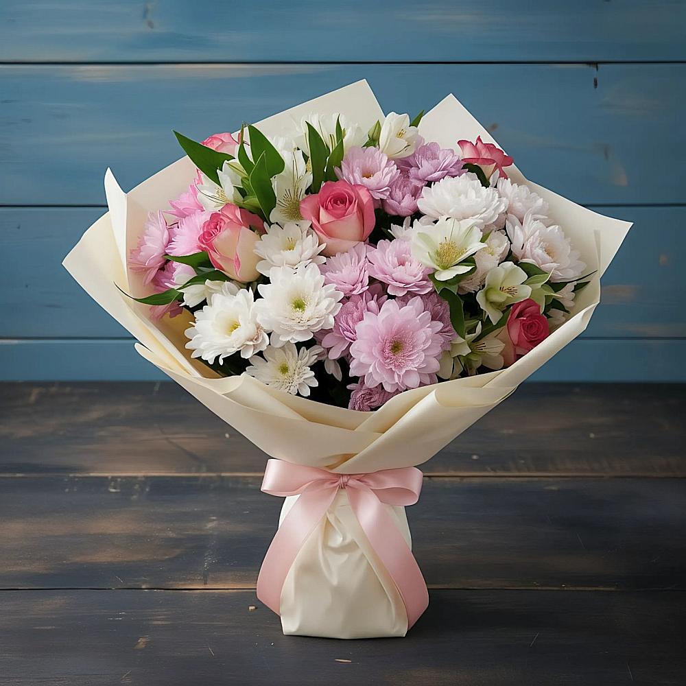 Букет Розовое очарование в Соль-Илецке Букет цветов из: Хризантемы, Альстромерии и Розы в Соль-Илецке